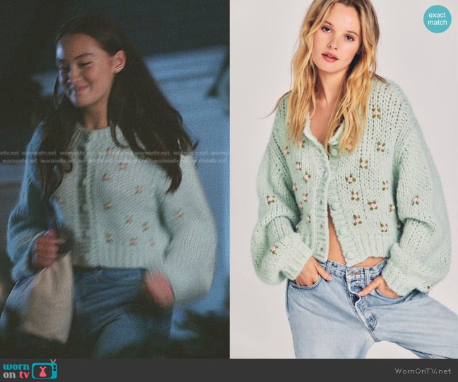 LoveShackFancy Emilie Alpaca Cardigan in Pistachio worn by Belly Conklin (Lola Tung) on The Summer I Turned Pretty