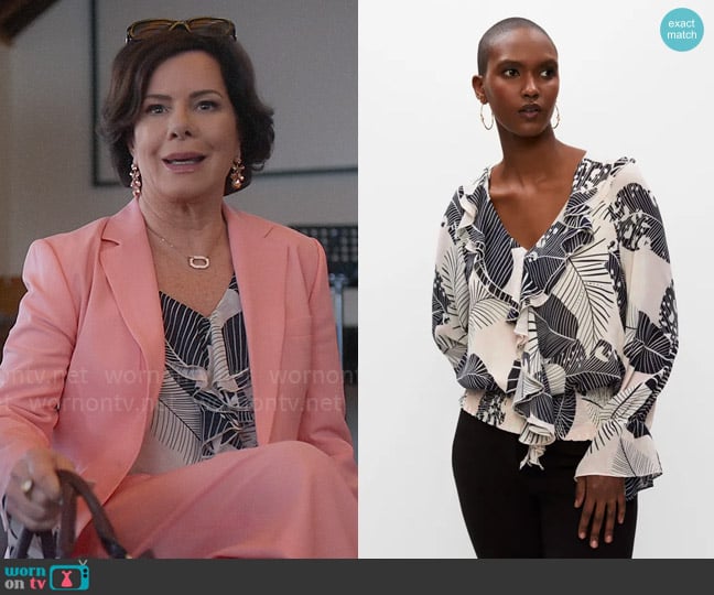 Melanie Lyne Palm Motif Ruffle Detail Blouse worn by Margaret Wright (Marcia Gay Harden) on So Help Me Todd