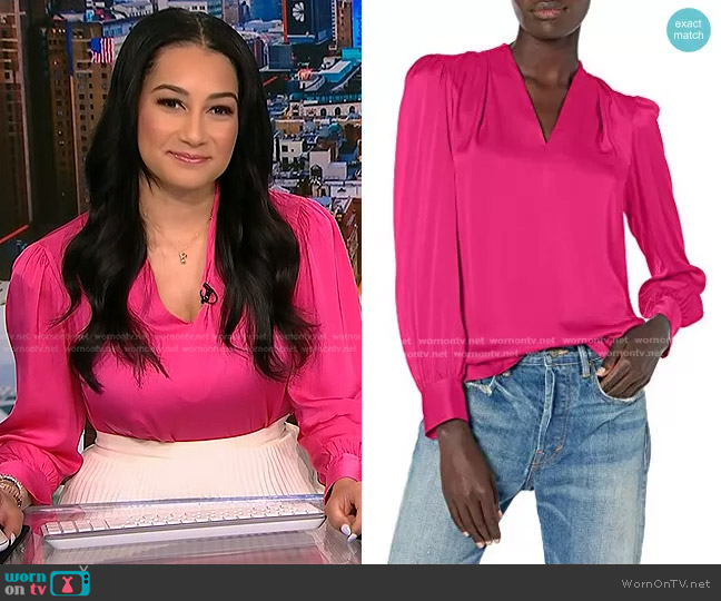 Milly Iris Stretch Silk Top in Shocking Pink worn by Morgan Radford on NBC News Daily
