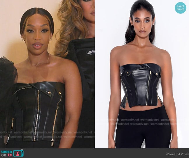 Miss Circle Merlina Black Vegan Leather Bustier Top worn by (Malika) on The Kardashians