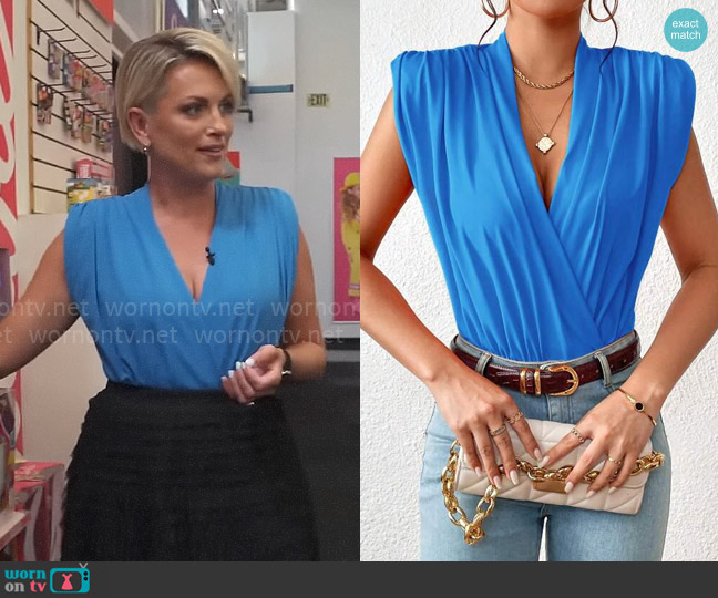 Shein Privé Solid Shoulder Pad Ruched Bodysuit worn by Jamie Yuccas on CBS Mornings