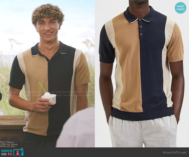 Selected Homme Knitted Polo in navy and beige color block worn by Jeremiah Fisher (Gavin Casalegno) on The Summer I Turned Pretty