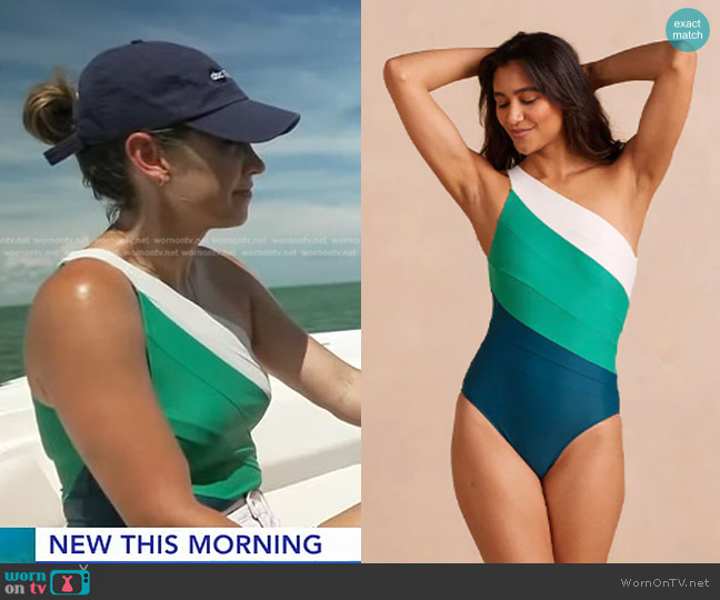 Summersalt The Sidestroke One-Piece Swimsuit in Seaweed & Seaglass & White Sand worn by Ginger Zee on Good Morning America