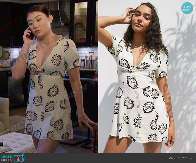 Urban Outfitters Bettie Twist-Front Black Floral Mini Dress worn by Wendy Shin (Victoria Grace) on Days of our Lives