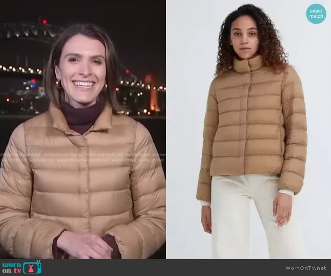 Uniqlo Ultra Light Down Jacket in Beige worn by Molly Hunter on NBC News Daily