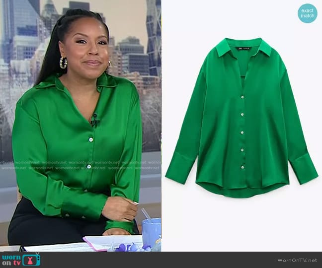 Zara Satin Effect Shirt in Mid-Green worn by Sheinelle Jones on Today