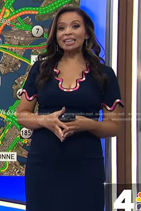 Adelle’s navy swirl trim dress on Today