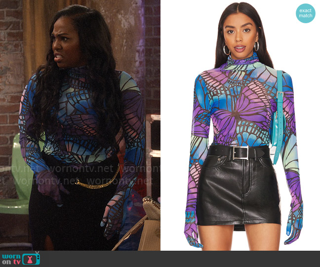 AFRM Rue Top in Electric Butterfly worn by Harper (Laci Mosley) on iCarly
