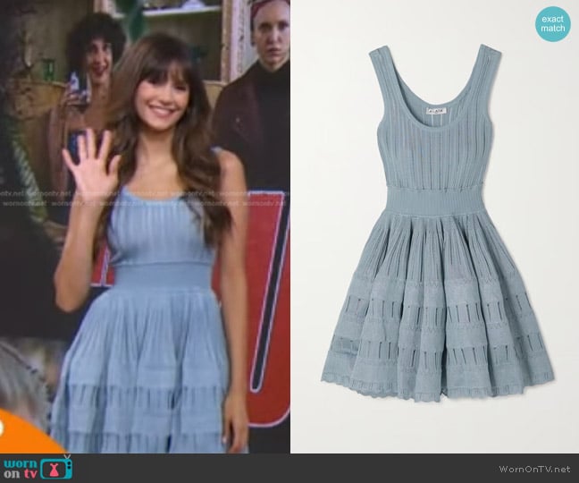 Alaia Ribbed Pointelle-Knit Mini Dress worn by Nina Dobrev on Good Morning America