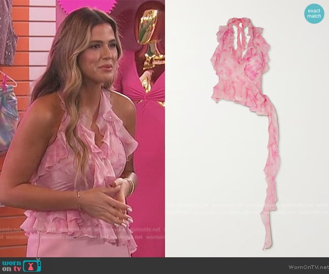 Alessandra Rich Ruffled crystal-embellished printed silk-georgette halterneck top worn by Jojo Fletcher on The Bachelorette