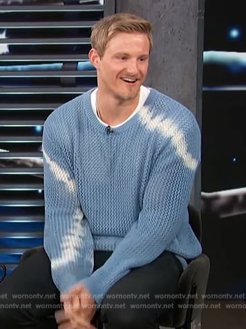 Alexander Ludwig’s blue tie dye sweater on Access Hollywood