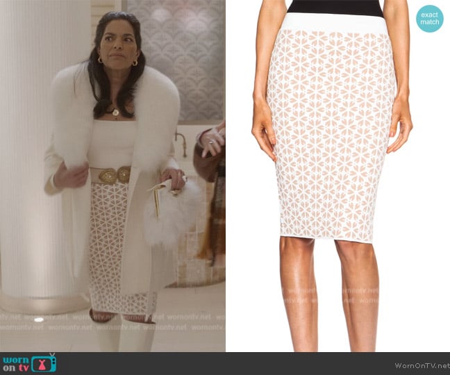 Alexander McQueen Embossed Viscose-Blend Pencil Skirt worn by Seema Patel (Sarita Choudhury) on And Just Like That