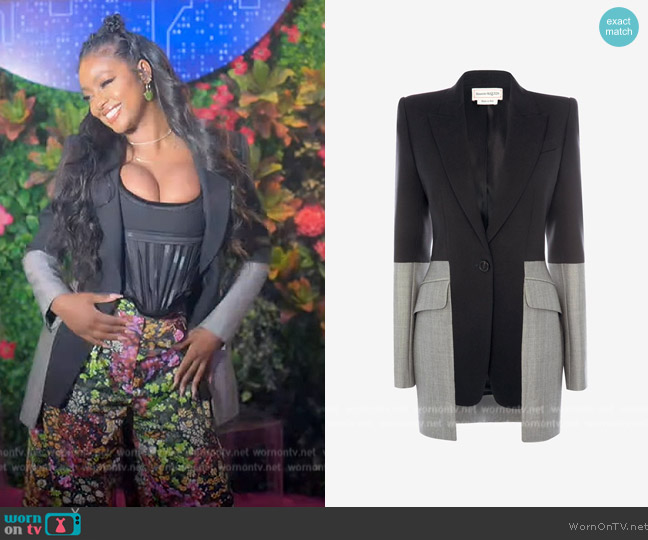 Alexander McQueen Pannelled Jacket in Black worn by Annika (Justine Skye) on Grown-ish
