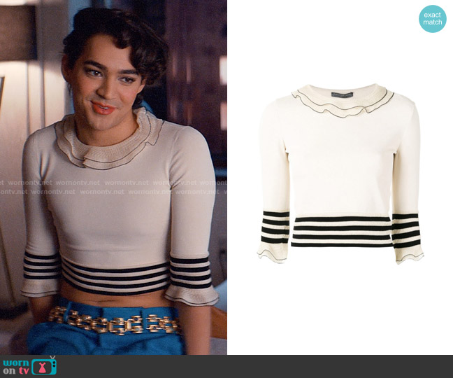 Alexander McQueen Silk ruffled inserts crop top worn by Marco Mejia (Miss Benny) on Glamorous