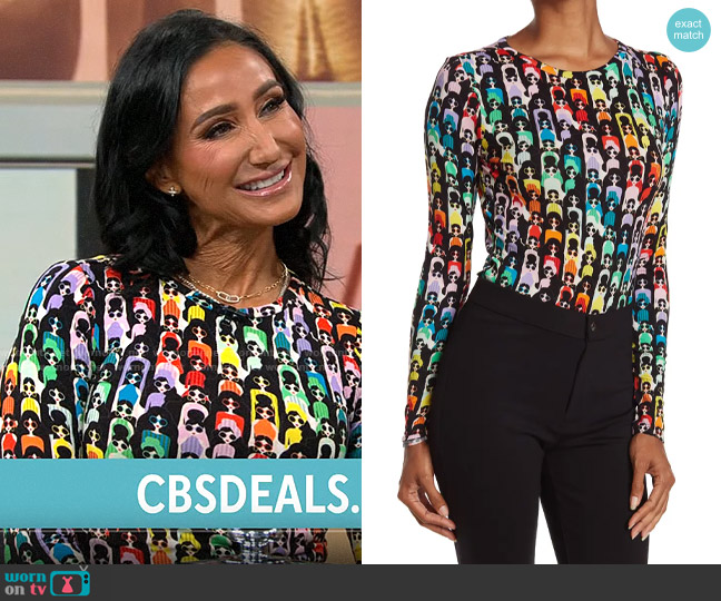Alice + Olivia Delaina Top in Rainbow Stace Face worn by Elizabeth Werner on CBS Mornings