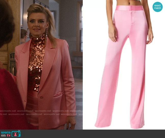 Alice + Olivia Deanna Satin Waist Trousers in Primrose worn by Veronica Caron (Eliza Coupe) on So Help Me Todd