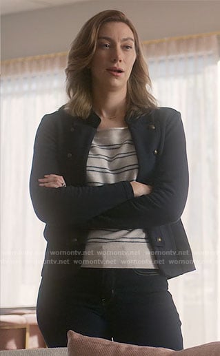 Allison’s navy military style jacket on So Help Me Todd