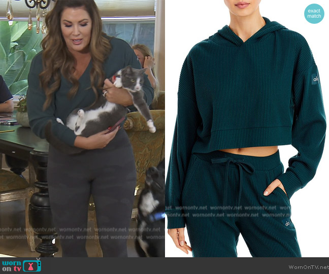 Alo Yoga Muse Rib-Knit Hooded Sweatshirt worn by Emily Simpson on The Real Housewives of Orange County
