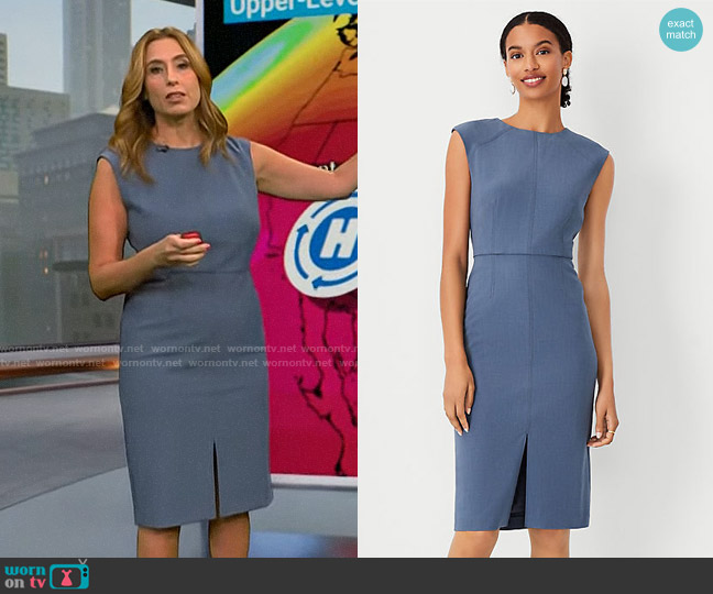 Ann Taylor The Crew Neck Sheath Dress in Bi-Stretch in Moody Blue worn by Stephanie Abrams on CBS Mornings
