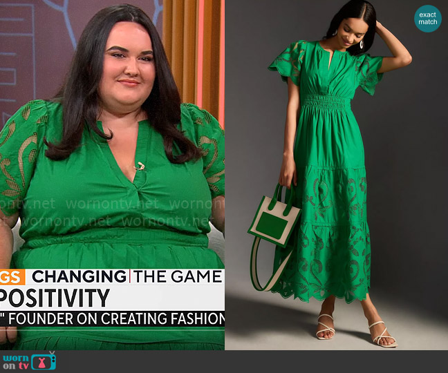 Anthropologie The Somerset Maxi Dress: Cutwork Edition in Kelly worn by Charlotte Oxnam on CBS Mornings