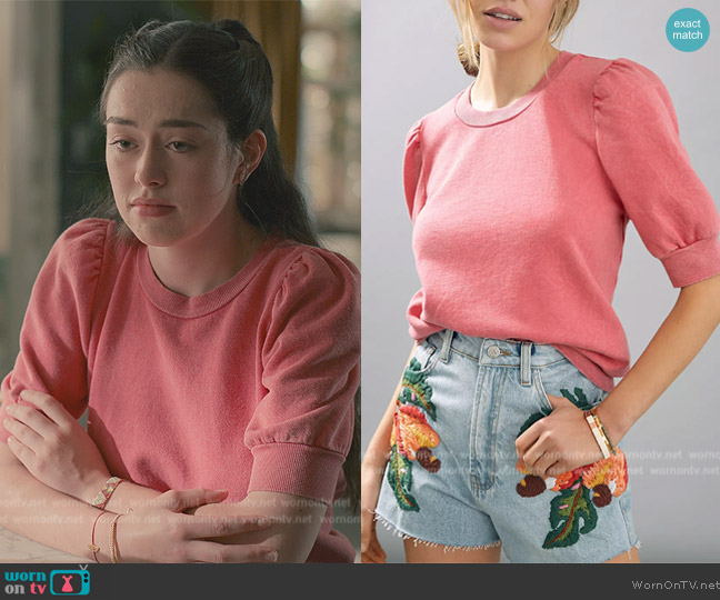 Anthropologie Coral Short Sleeve Sweatshirt worn by Annie Sullivan (Anneliese Judge) on Sweet Magnolias