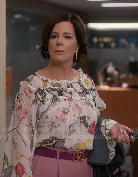 Margaret’s white floral ruffled blouse on So Help Me Todd