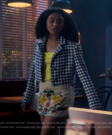 Kiela’s blue houndstooth jacket on Grown-ish