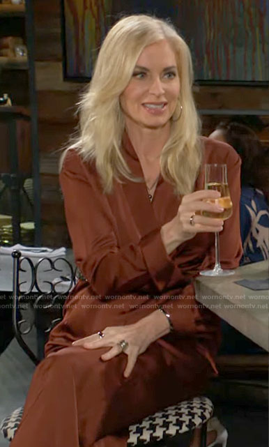Ashley’s brown silky jumpsuit on The Young and the Restless