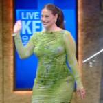 Ashley Graham’s green floral ruched dress on Live with Kelly and Mark