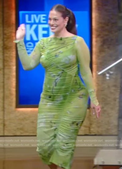 Ashley Graham’s green floral ruched dress on Live with Kelly and Mark