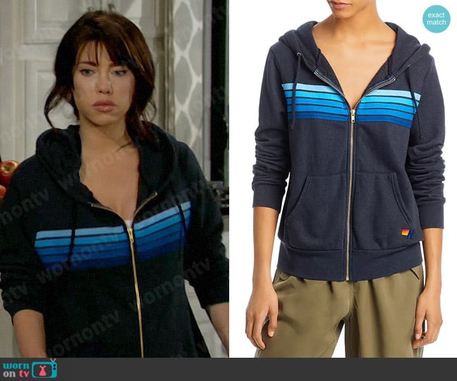 Aviator Nation Rainbow-Stripe Hoodie in Charcoal Blue Stripe worn by Steffy Forrester (Jacqueline MacInnes Wood) on The Bold and the Beautiful