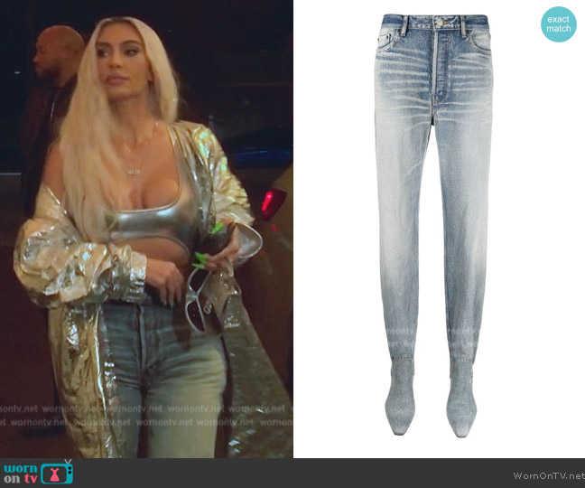 Balenciaga 105mm Pantashoes denim boots worn by Kim Kardashian (Kim Kardashian) on The Kardashians