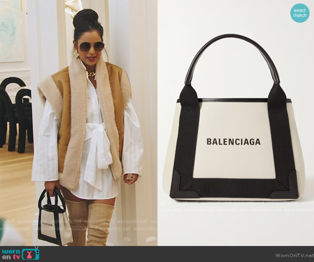 Balenciaga Navy Cabas small leather-trimmed printed canvas tote worn by Jessel Taank on The Real Housewives of New York City