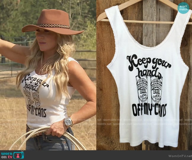 Bandit Brand Keep Your Hands Off My Cans Lace Tank worn by Jennifer Pedranti on The Real Housewives of Orange County