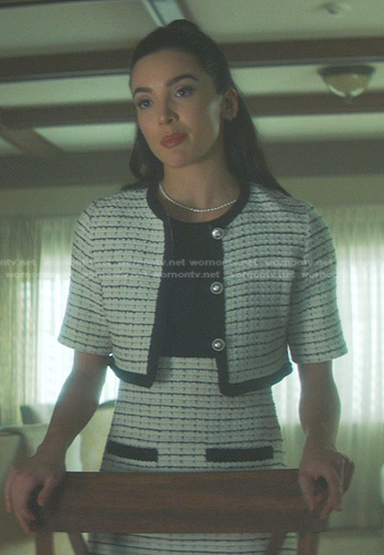 Bess’s white checked cropped jacket and skirt on Nancy Drew