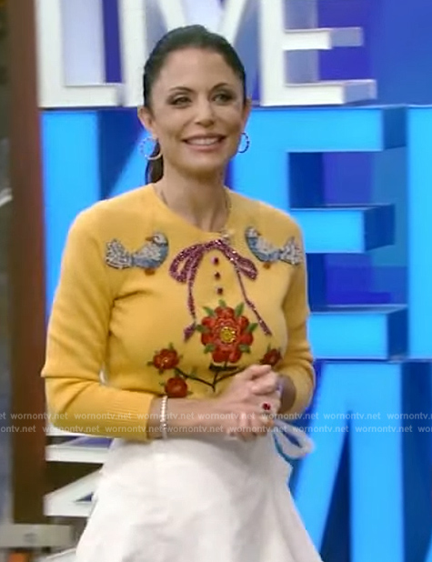 Bethenny Frankel’s yellow floral sweater on Live with Kelly and Mark