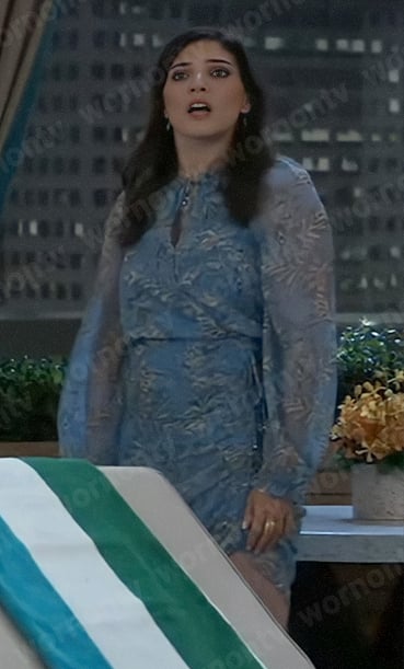 Brook Lynn’s blue ruched leaf print dress on General Hospital