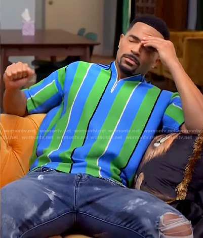 Calvin’s blue and green striped polo shirt on Tyler Perrys Sistas