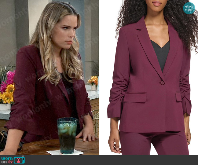 Calvin Klein One-Button Ruched Sleeve Jacket in Port worn by Sasha Gilmore (Sofia Mattsson) on General Hospital