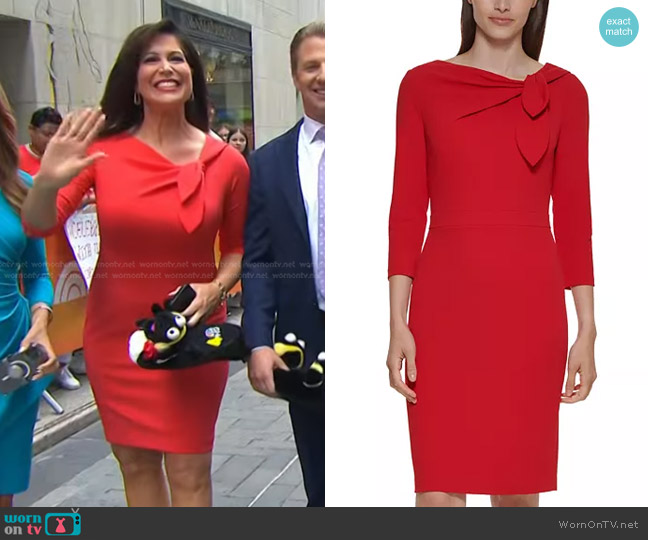 Calvin Klein Scuba-Crepe Bow-Neck Sheath Dress in Red worn by Holly Thompson on Today