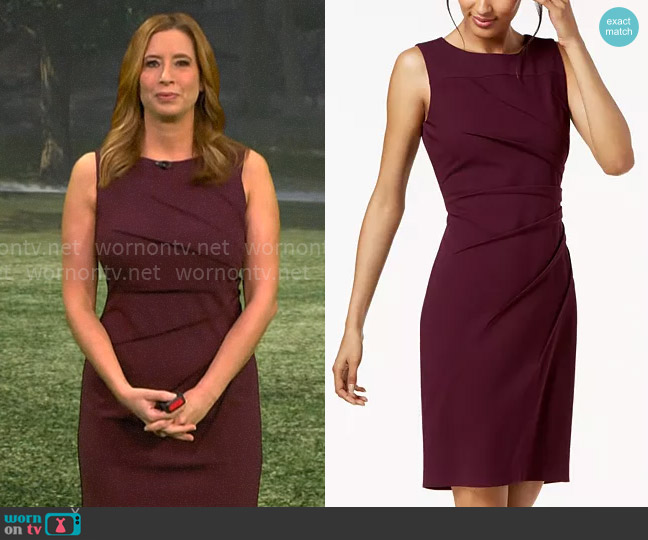 Calvin Klein Starburst Sleeveless Sheath Dress in Aubergine worn by Stephanie Abrams on CBS Mornings