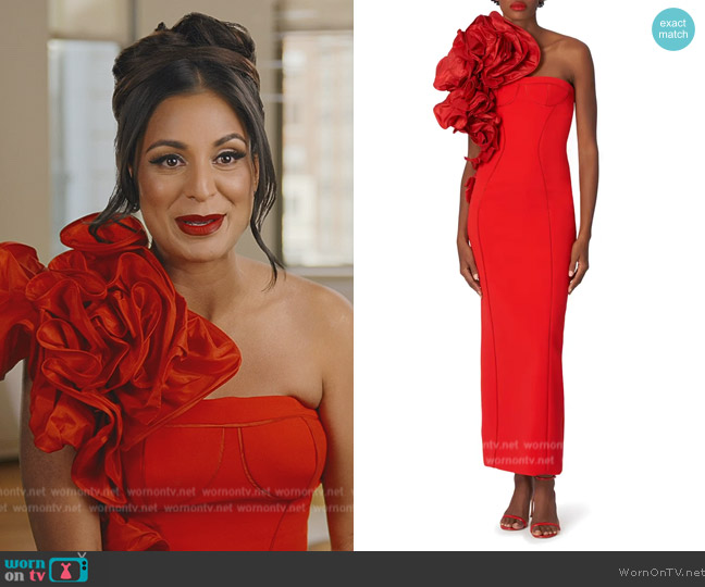 Carolina Herrera Dramatic Rosette One-Shoulder Crepe Column Gown worn by Jessel Taank on The Real Housewives of New York City