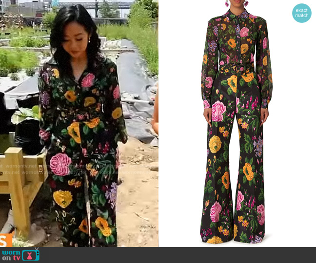 Carolina Herrera Long Sleeve Floral Shirt worn by Stephanie Hsu on CBS Mornings