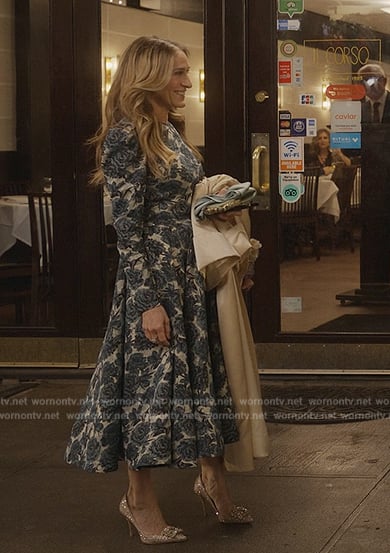 Carrie’s blue floral jacquard dress on And Just Like That