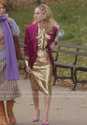 Carrie’s pink metallic cage sandals on And Just Like That
