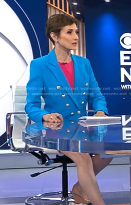 Catherine Herridge’s blue double breasted blazer on CBS Evening News
