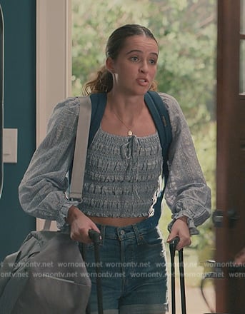 Cece’s blue smocked front tie neck top on Sweet Magnolias