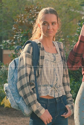 Cece’s white plaid lace top and shirt on Sweet Magnolias