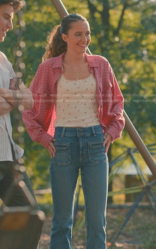 Cece’s red plaid shirt and floral cami on Sweet Magnolias