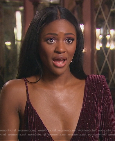 Charity’s burgundy one shoulder dress on The Bachelorette